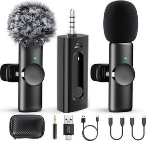 2 Pack Wireless Microphones for Camera/GoPro/iPhone/Android Phone/Laptop/Computer, Plug-Play 2.4GHz Wireless Lavalier Microphone for Video Recording, Interview, Vlogging