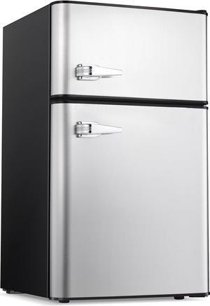Compact Mini Refrigerator Separate Freezer, Small Fridge Double 2-Door Adjustable Removable Retro Stainless Steel Shelves Garage Camper Basement/Dorm/Office 3.2 cu ft. - Gray